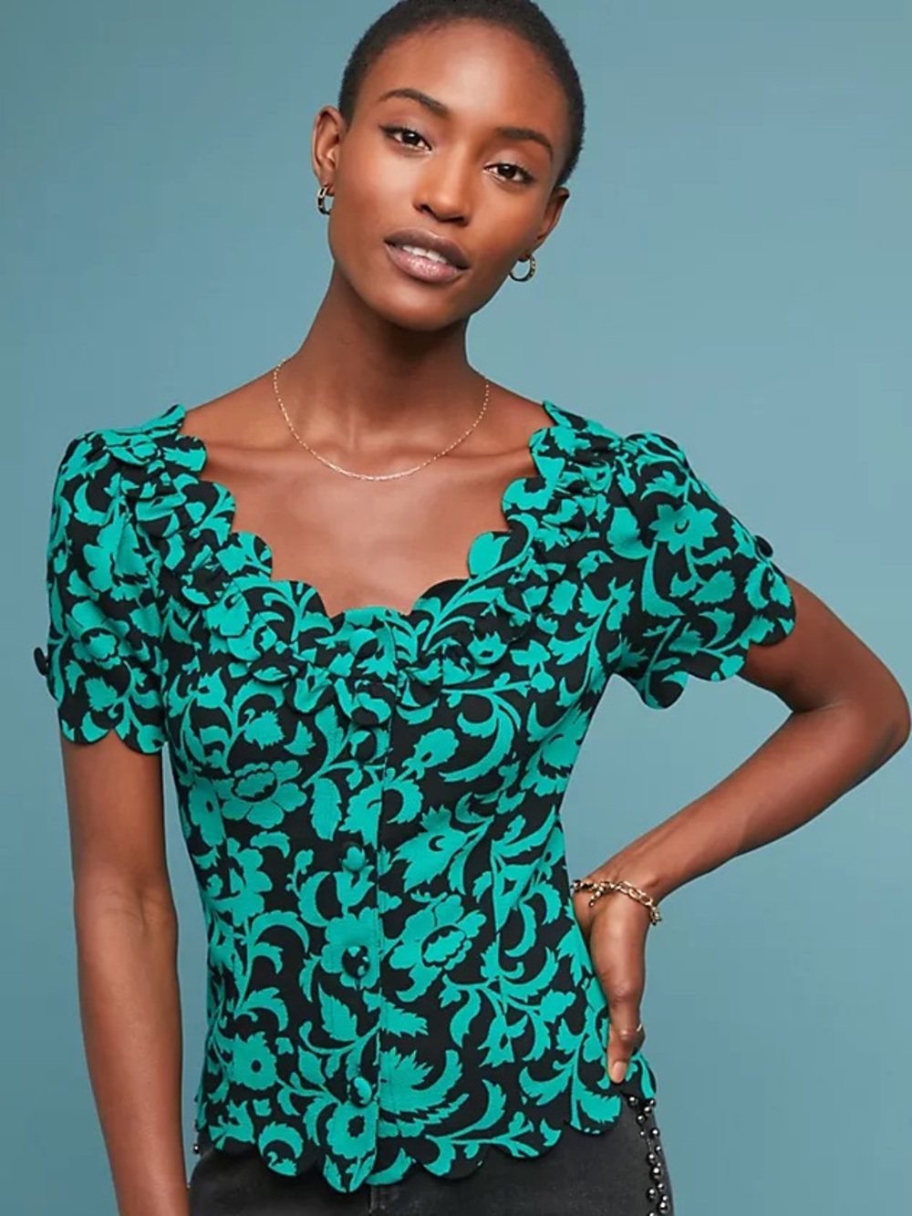 Maeve Anthropologie Aseey Blouse Teal Black Floral Scalloped Puff Sleeve Size 0
